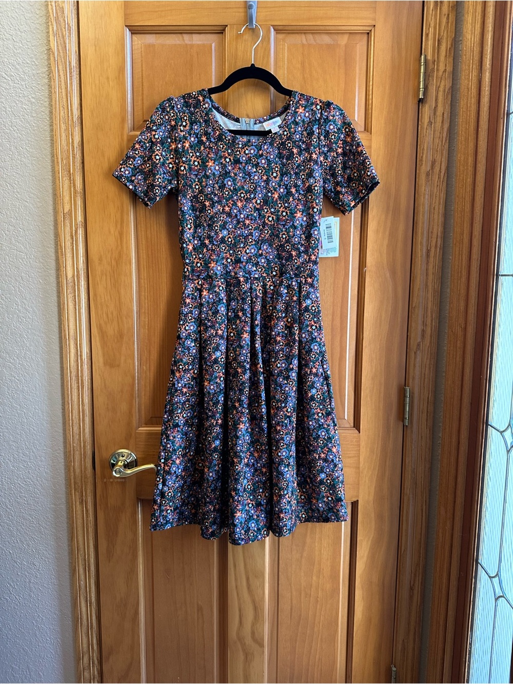 LuLaRoe Amelia Black Floral Fit-and-Flare Dress with Pink and Orange Flowers